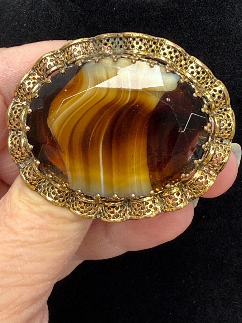 Vintage West Germany Signed Brooch 2"x1 3/4" Brown and Cream Gold Tone